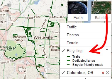 Find Columbus bike trails in Google Maps
