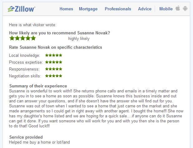 Zillow Testimonial for Susanne Novak